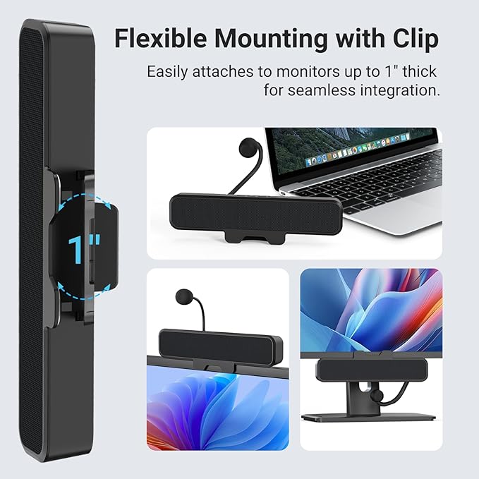 Computer Speakers with Microphone for Desktop PC, USB Monitor Speakers with Clip, Wired Laptop Sound Bar, Stereo & Bass, PC Speaker w/Mic for Meeting/Gaming/Online Learning, Easily Clamps to Monitor