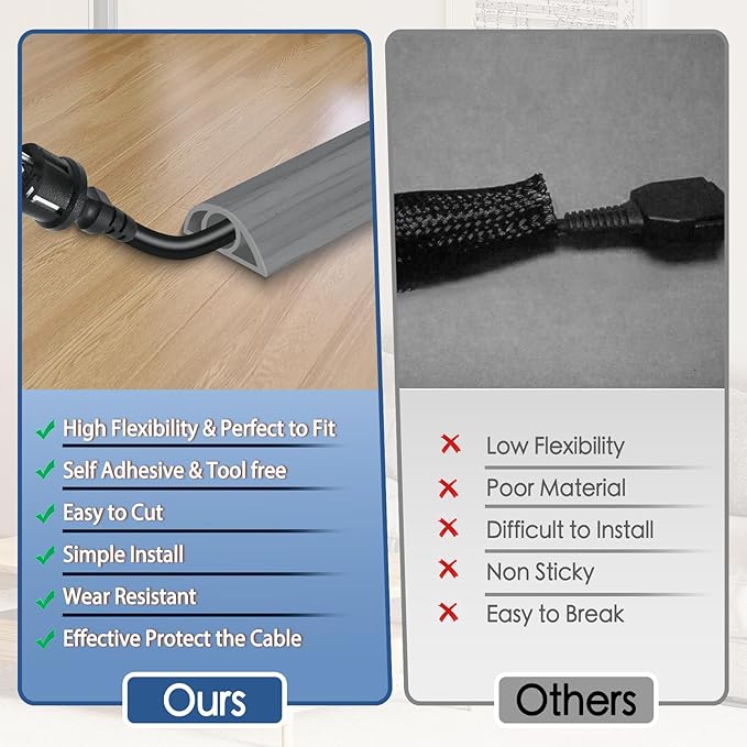 Floor Cord Cover for Wires on Floor Self Adhesive Cord Hider Floor Cable Management Wire Covers for Cords Protector Prevent Cable Trips Cord Cavity W 0.32" x H 0.32", Gray Wood, 3.3Ft