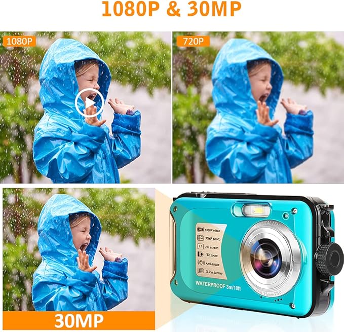Waterproof Camera 10FT Underwater Camera 30MP 1080P FHD Video Resolution 16X Zoom Waterproof Digital Camera for Snorkeling,Vacation(Green)