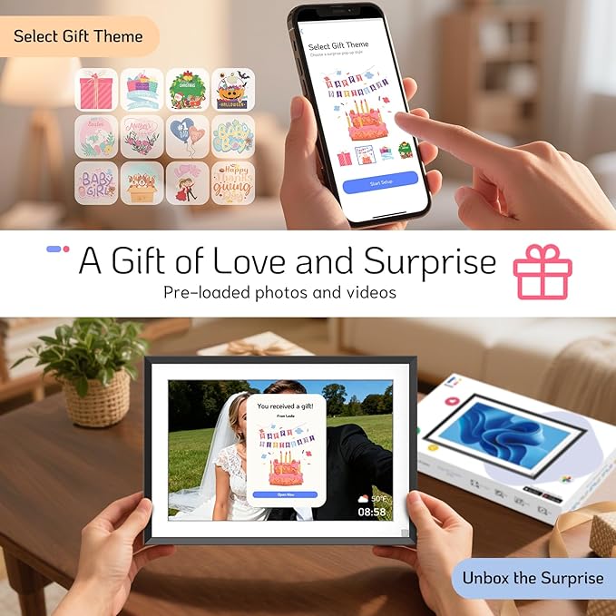 NexFoto 10.1 Inch Touchscreen Digital Picture Frame 64GB, HD WiFi Digital Photo Frame, Unboxing Gift Mode, Add Photos from Google Photos, Easy to Share Photos/Videos, Gifts for Mom, Black