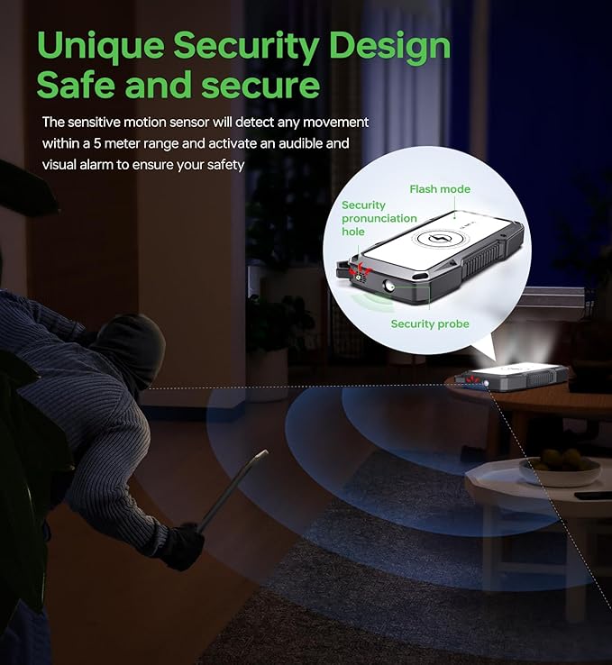 ABFOCE Solar Power Bank 10000mAh with 22.5W Fast Charging, Sensor Alarm, 15W Wireless Charger LED Flashlight, Battery Pack, Solar Panel Charger for iPhone 16 15 14 iPad Samsung Outdoor Camping Hiking