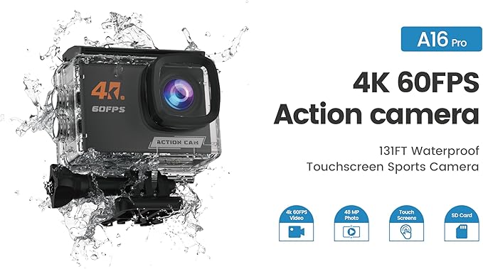 4K60FPS Action Camera Touchscreen, 40M Waterproof Underwater Camera with 64G SD Card, 6-Axis Stabilization Motorcycle Camera 8X Zoom with 2.4G Remote Control 2 * 1350 mAh Batteries