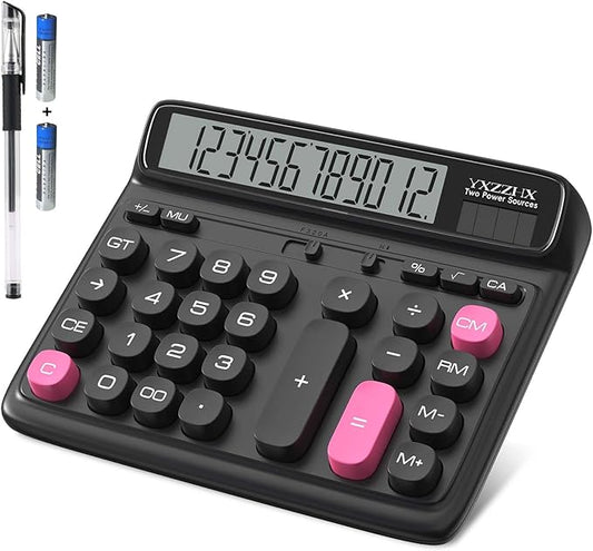 Desktop Calculator with Extra Large 5-Inch LCD Display, 12-Digit Two Way Power Solar & Battery Office Calculator with Big Buttons for Business, Accounting & Home Use(Black)