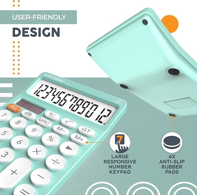 CATIGA 12 Digit Desktop Calculator Basic Desk Calculator with Large LCD Display, Big Buttons, 4 Function, Solar and Battery Dual Power, for Office, School, Home, SD-1292 Fresh Blue