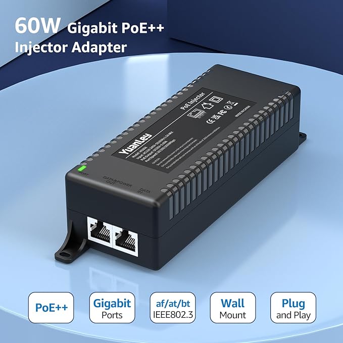 YuanLey Gigabit PoE Injector 60W, PoE++ Injector Converts Non-PoE to PoE++ Network, IEEE 802.3at/af, 10/100/1000Mbps PoE Adapter, Distances Up to 325 Feet, Plug & Play, Wall-Mounted