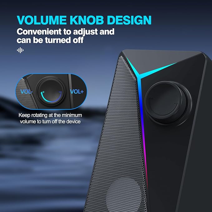 Computer Speakers for Desktop PC, USB-Powered Gaming Speakers for Laptop – Multi Colorful LED Backlight Modes, Stereo Sound for Gamers Music Movies, Indoor & Outdoor Use, 3.5mm AUX Cable