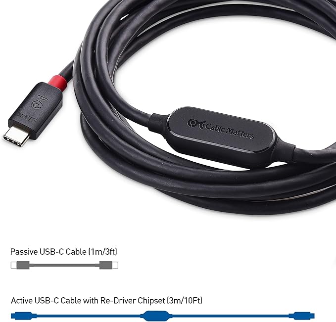 Cable Matters Unidirectional 10Gbps Active USB C Cable 10 ft, Supports Up to [4K@60Hz Video, 60W Charging, 10Gbps Data Transfer] for Apple Vision Pro, Meta Quest 3 VR Headset, Portable Monitor