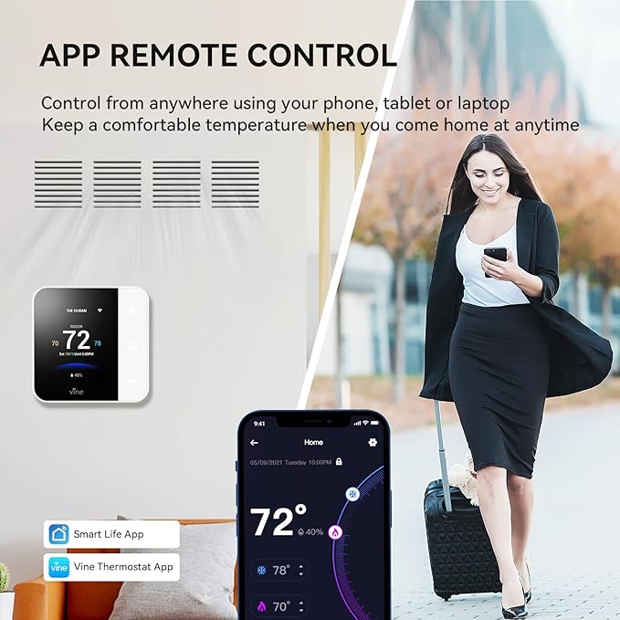 Vine Thermostat for Home with Touchscreen Color Display, WiFi Smart Thermostat Compatible with Alexa and Google Assistant, 7day/8period Programmable, Energy Saving, C-Wire Required, Screen Size 2.8"