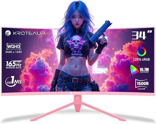 Pink 34 Inch Curved Gaming Monitor 4K, 3440x1440 165Hz Ultrawide Computer Monitor, 1500R -Pip 1ms(Mprt) ‌HDR400 125% sRGB, Dci-P3 92%, HDMI/DP, Port, Suitable for Games and Office Work