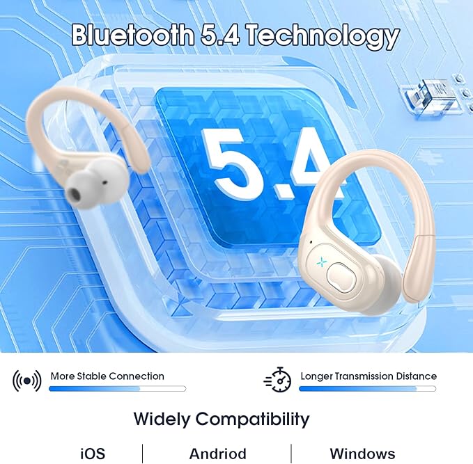 Wireless Earbuds 75hrs Bluetooth 5.4 Headphone Sport, 2025 Bluetooth Earbuds Stereo Deep Bass Over Ear Bud with Earhooks, ENC Noise Cancelling Mic, IPX7 Waterproof Earphone, Camel