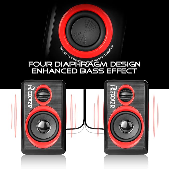 Computer Speakers, 2.0 CH PC Speakers with Surround Sound, USB Wired Laptop Speakers with Deep Bass for Desktop Computer/PC/Laptops/Smart Phone Build-in 4 Loudspeaker Diaphragm Reccazr SP2040|RED