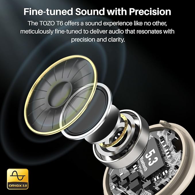 TOZO T6 Wireless Earbuds, Bluetooth 5.3 Ear Buds, Stereo Sound in Ear Headphones, 50 Hours Playtime, Wireless Charging Case, APP Customizable EQs, IPX8 Waterproof Earphones