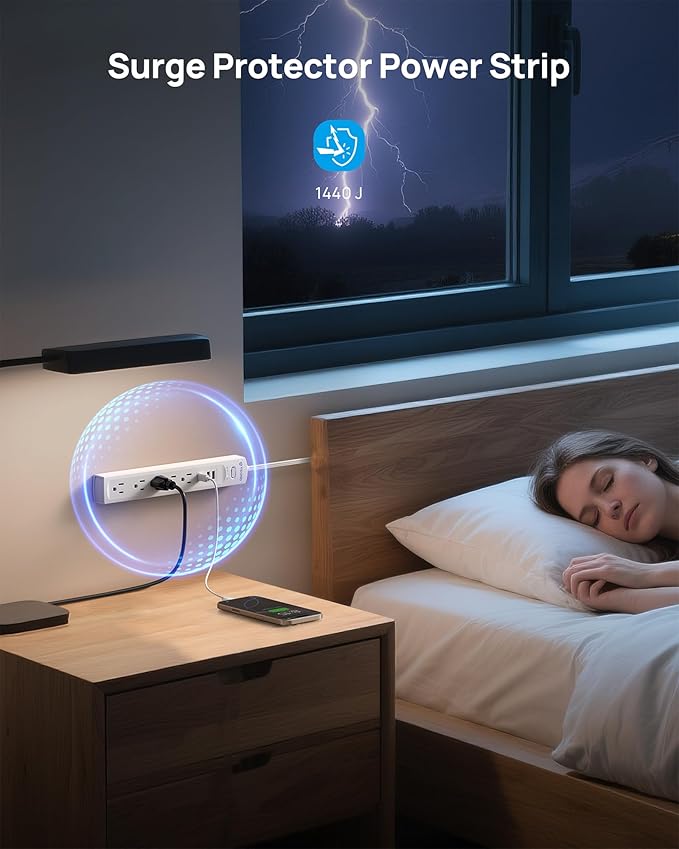 TROND 360° Rotating Plug Surge Protector Power Strip, Flat Plug Power Strip with 2 USB C and 2 USB A, 1440J Surge Protector, Wall Mountable, Flat Extension Cord 3ft for Home Office Dorm, White