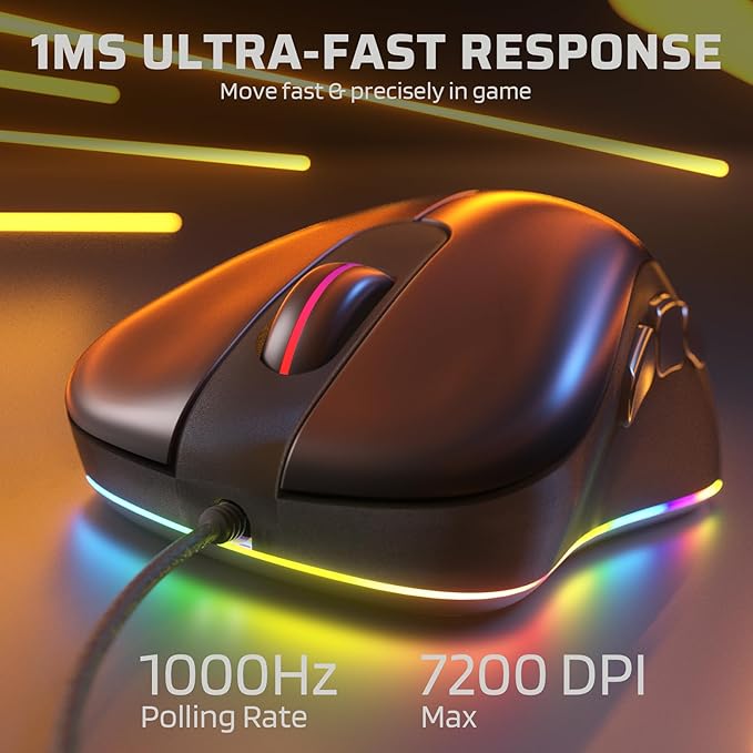 LTC GM-031 Wired Gaming Mouse, 7200 DPI Adjustable, 6 Programmable Macro Buttons, 4 RGB Backlit Mode, Ergonomic Shape, Software Support for Customization, Black