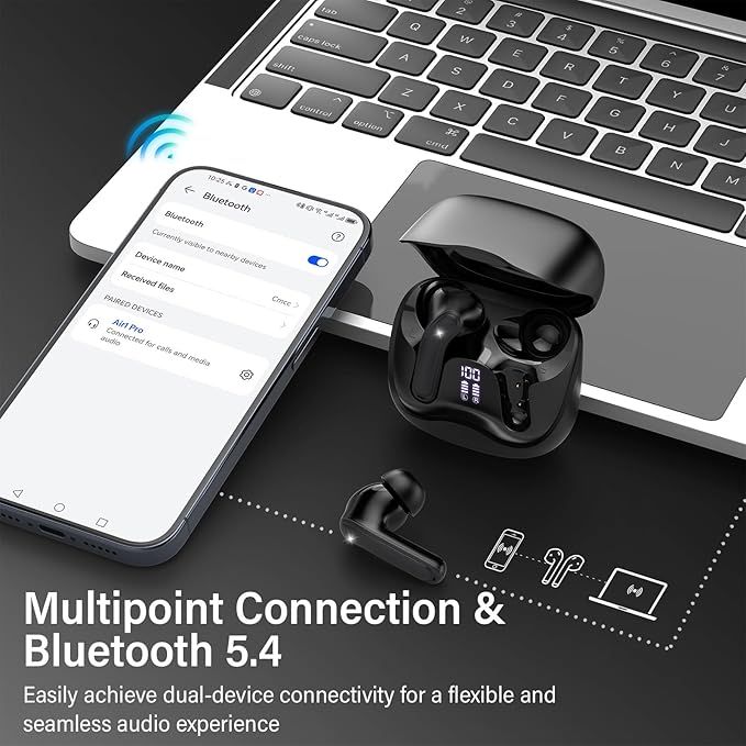 Adaptive Hybrid Active Noise Canceling Wireless Earbuds, 6 Mics ENC Clear Call Ear Buds, Hi-Res Audio Deep Bass Bluetooth 5.4 Headphones, 48H Playtime, Wireless Charging, Multipoint Connection, Black