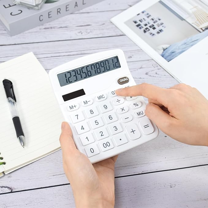Marte Vanci 12 Digits Calculator with Large LCD Display, Desktop Basic Calculator with Big Buttons, Solar Power and AA Battery, for Office, Home, School(White)