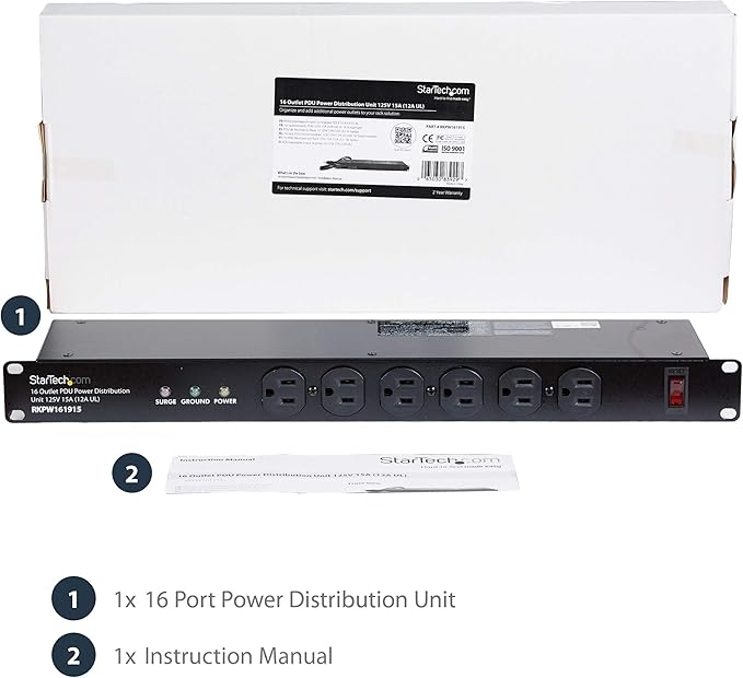 StarTech.com 16 Outlet Horizontal 1U Rack Mount PDU Power Strip for Network Server Racks - Surge Protection - 120V/15A - 6ft Power Cord (RKPW161915)