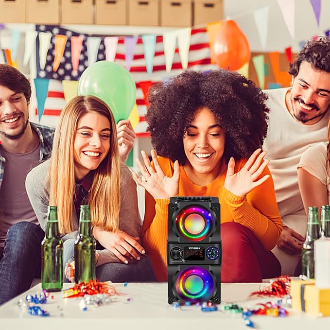 Bluetooth Speaker, 40W (60W Peak) Portable Wireless Speaker with Colorful Lights, Double Subwoofer Heavy Bass, FM Radio, MP3 Player, Bluetooth 5.0, Loud Stereo speakers for Home Outdoor Party Camping