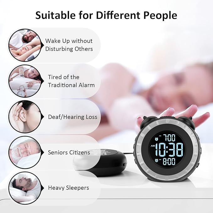 uscce Loud Dual Alarm Clock with Bed Shaker - 0-100% Dimmer, Vibrating Alarm Clock for Heavy Sleepers or Hearing Impaired, Easy to Set, USB Charging Port, Snooze, Battery Backup