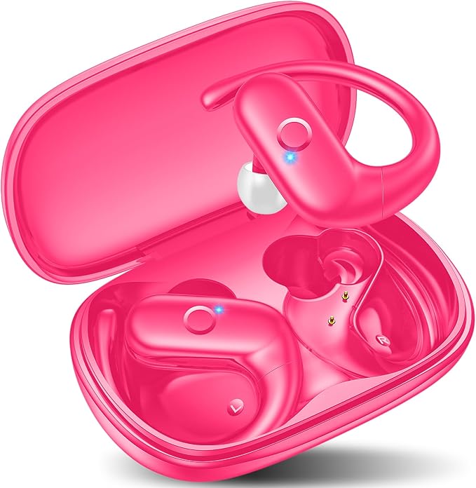 kurdene Wireless Earbuds Bluetooth Headphones Sport,Over Ear Buds with Deep Bass Sound,60Hrs Playtime Earphones Redesigned Comfort Fit with Earhooks for Running,Meeting,Workout-Hot Pink