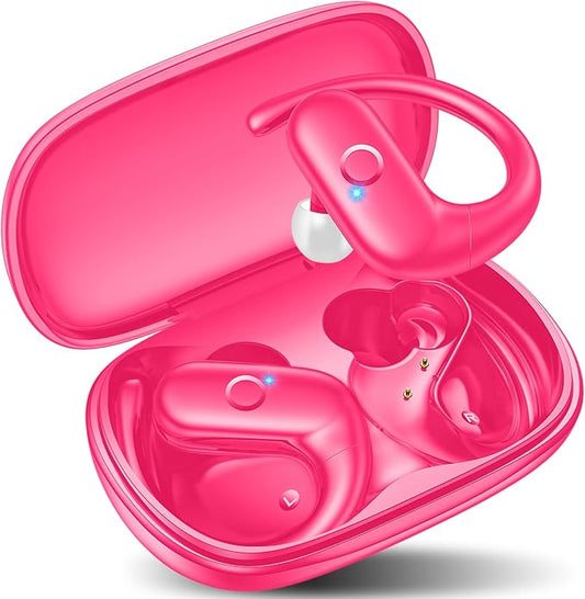 kurdene Wireless Earbuds Bluetooth Headphones Sport,Over Ear Buds with Deep Bass Sound,60Hrs Playtime Earphones Redesigned Comfort Fit with Earhooks for Running,Meeting,Workout-Hot Pink
