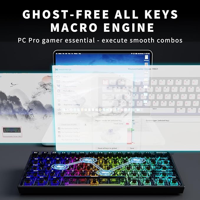 60% Mechanical Gaming Keyboard Wired, YK61 Mini Hall Effect Magnetic Switch Keyboard, 61 Keys Adjustable Actuation Rapid Trigger Mode, 8K Hz Polling Rate, Hot-Swap, RGB Backlit (Translucent Black)