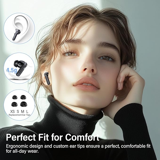 Adaptive Hybrid Active Noise Canceling Wireless Earbuds, 6 Mics ENC Clear Call Ear Buds, Hi-Res Audio Deep Bass Bluetooth 5.4 Headphones, 48H Playtime, Wireless Charging, Multipoint Connection, Black