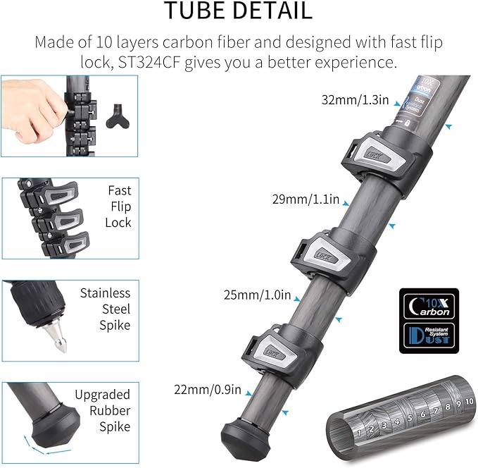 INNOREL ST324CT/ST324CF Carbon Fiber Tripod Max Height 160cm Max Load 30kg Max Tube Dia 32mm Professional Birdwatching Heavy Duty Camera Stand (Fast Flip Lock)