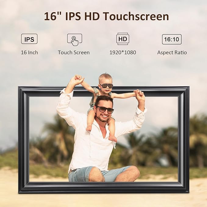 16 Inch Large Digital Picture Frame, Canupdog WiFi Digital Photo Frame with 1920 * 1080 IPS Touchscreen, 32GB Storage, Auto-Rotate, Wall Mountable, Easy Setup, Slideshow Photos and Videos