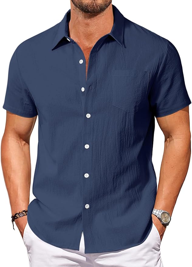 Vssjavun Mens Short Sleeve Button Down Shirts Casual Cotton Shirt Summer Beach Tops with Pocket