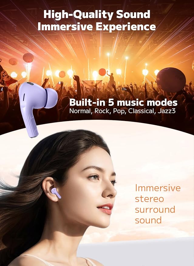 Wireless Earbuds, Bluetooth 5.4 Headphones with ANC Noise Cancelling and Deep Bass Stereo, 48H Playtime for Laptop - Purple