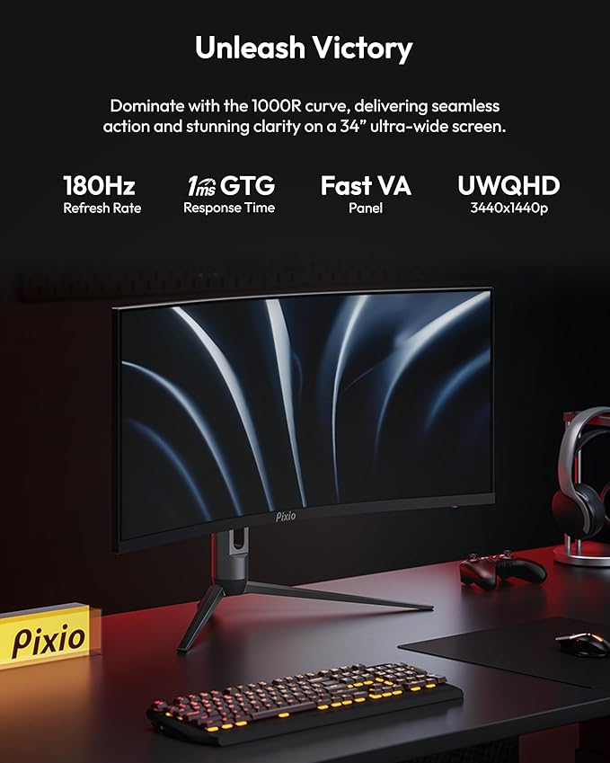 Pixio PXC348C Neo 34 inch 180Hz Refresh Rate UWQHD 1440p Ultrawide Resolution 1000R Curve Fast VA Panel 1ms Response Time USB-C Displayport 65W Charging AMD FreeSync Premium HDR Curved Gaming Monitor
