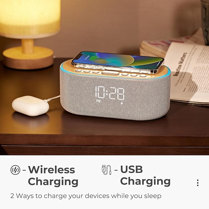 uscce Alarm Clock Bluetooth FM Radio: 10W Stereo Sound Speaker - Fast Wireless Charging for iPhone Samsung - Dimmable Clock Radio for Bedroom