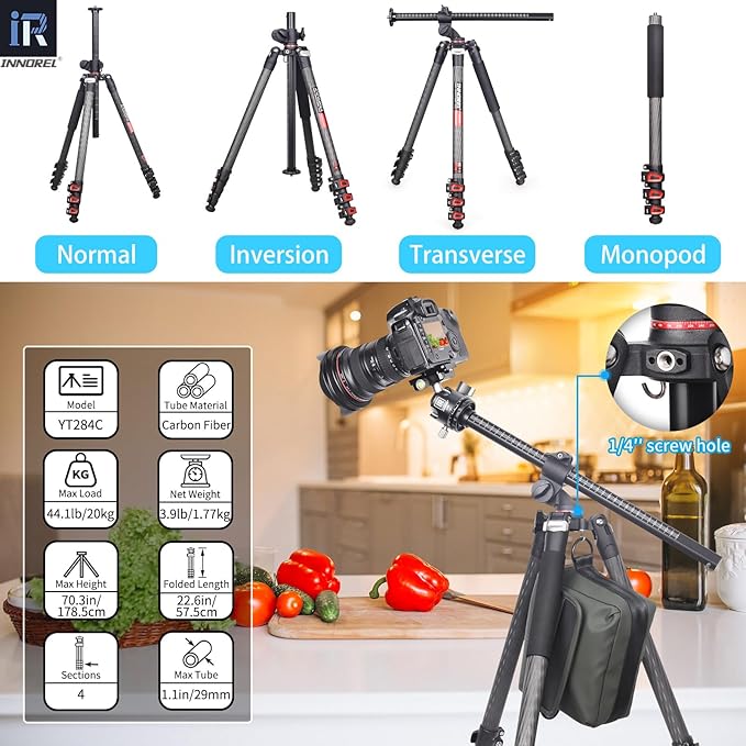 Carbon Fiber Horizontal Tripod INNOREL YT284C with Rotatable Multi-Angle Center Column,29mm Tube Professional Travel Camera Tripod Monopod for Digital DSLR Video Camcorder Overhead Shooting Load 20kg