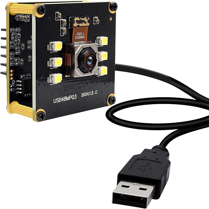48MP USB Camera 8K Camera Fast Autofocus USB Webcam Module with No Distortion Lens with 6pcs White LEDs PC Computer Cam Plug and Play for Industrial Inspection Document Scanning