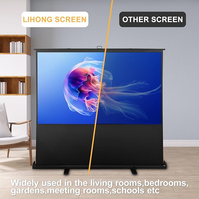 LIHONG Floor Rising Projector Screen Indoor & Outdoor 16:9 HD Portable Matte White Projection Screen for Long Standard Projector Fast Setup for Movies, Office Presentations & More (100 Inch/16:9)