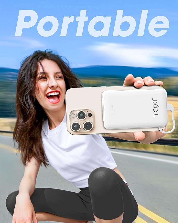 TG90° Portable Charger with AC Plug and Cables,5000mAh Slim Power Bank USB C Battery Pack,3 Outputs USB-C Fast Charging, Pocket Friendly Battery Travel Charger Compatible with iPhone Android Devices