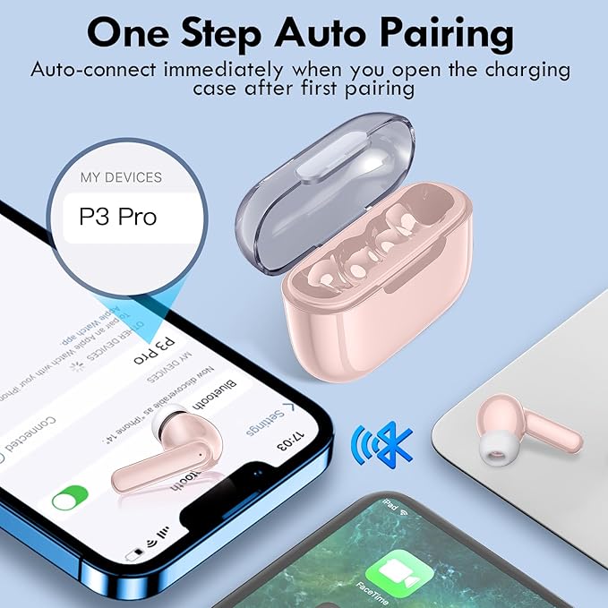 kurdene Wireless Earbuds, Bluetooth 5.3 in Ear Buds Light Weight Headphones with Deep Bass Sound,48 Hours Playtime Headset,Clear Calls Earphones with Mics for Sports Workout Pink