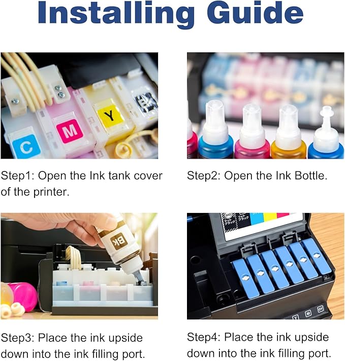 522 High Colour Accuracy Ink Bottles Replacement for Epson T522 502 Use for Refill EcoTank ET-2803 ET-2800 ET-2720 ET-3750 ET-4800 ET-4700 ET-2750 Printers Black Cyan Magenta Yellow 4 Bottles