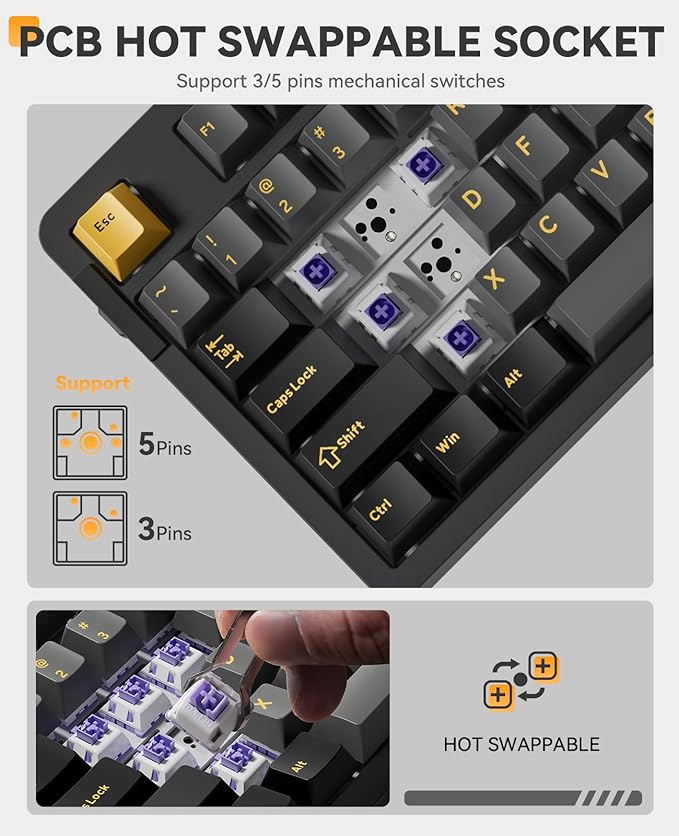 DAREU EK87PRO 80% Wireless Mechanical Gaming Keyboard,TKL Tri-Mode RGB Keyboard with Hot-Swappable,PBT Keycaps,Gasket Mount,6-Layer Padding for Win/Mac