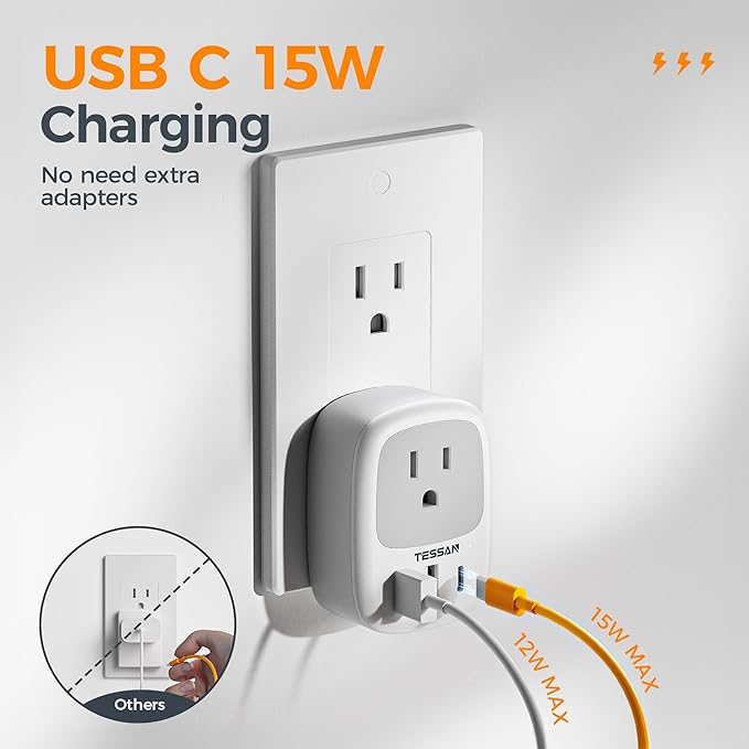 Wall Charger Block, 3 USB Charging Ports (1 USB C) and 1 AC Outlet Splitter, TESSAN 1875W Wall Outlet Extender, Multi Plug Adapter for Cruise, Home, Office, Dorm Room Essentials