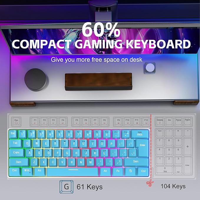 Snpurdiri 60% Wired Gaming Keyboard, Small Ultra-Compact 61 Keys RGB Backlit 60 Percent Gaming Keyboard for PC/Mac Gamer, Typist, Travel, Easy to Carry on Business Trip (Blue)