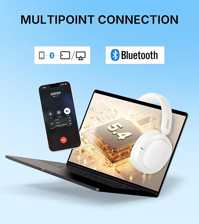 Edifier W800BT SE Wireless Over-Ear Bluetooth 5.4 Headphones - AI Call Noise Cancellation - 45H Playtime - Fast Charging - Dual Device- Game Mode - Foldable - White