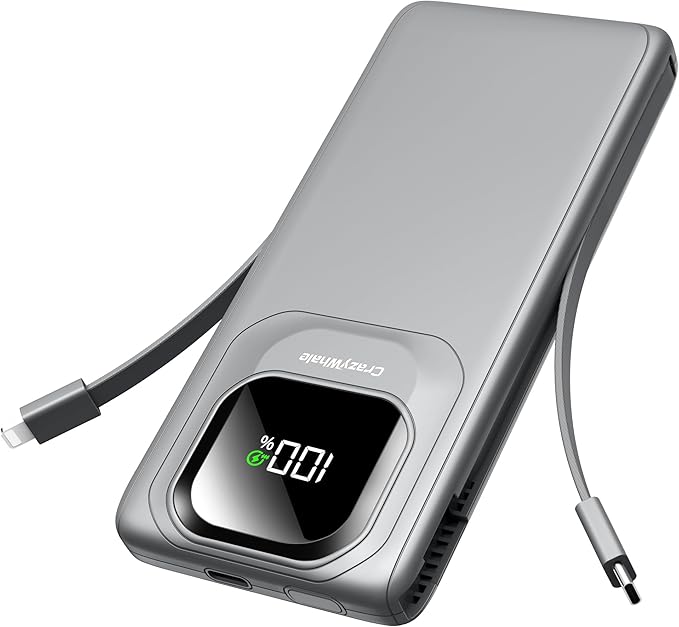 Portable Charger Power Bank with Built-in Type C Cables, 22.5W Fast Charging 10000mAh Phone Charger, Travel Battery Pack Slim Battery Bank with Smart LED Display for iPhone, Android & USB-C Devices
