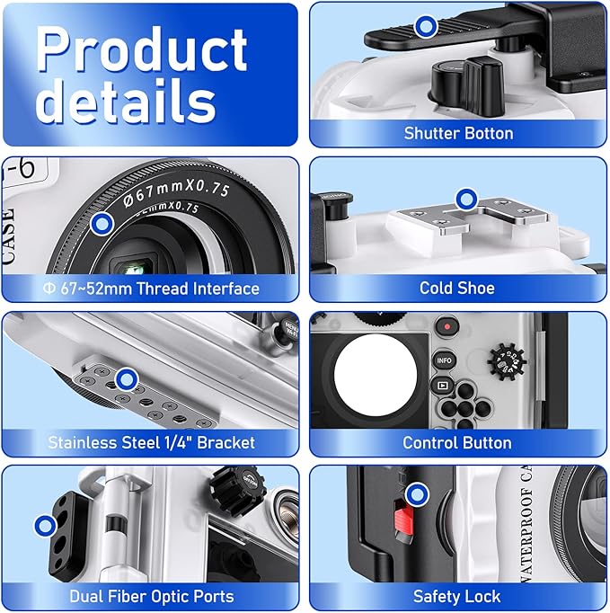 Seafrogs 60m/195ft Underwater Camera Housing for Olympus TG-6 – Waterproof Case with 52mm & 67mm Thread, Dual Fiber Optic Ports, Leak Detection, Stainless Steel Mounting Plate (TG-6-white)