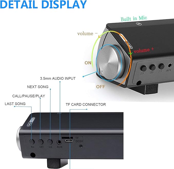 TOPROAD Sound Bar | Soundbar Wired and Wireless Bluetooth 5.0 Speaker | Built in Mic | for Cell Phone/Tablet/Projector and Support TV with AUX/RCA Output