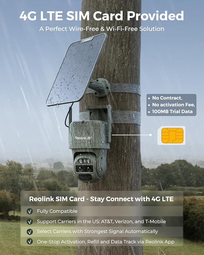 REOLINK 4K Dual Lens 4G LTE Cellular Security Camera, SIM Card Included, Wireless Auto Tracking Trail Camera, 6X Hybrid Zoom, No-Glow IR, Waterproof for Wildlife, TrackMix LTE Trail + Solar Panel 2