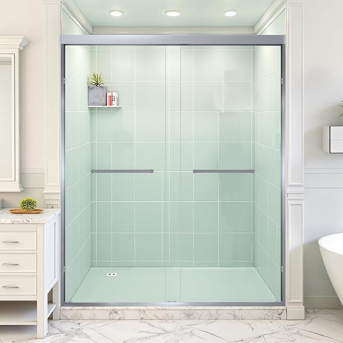 56-60" W x 72" H Shower Door Bathroom Double Sliding Shower Door 1/4"(6mm) Thick Tempered Glass Shower Door with Stainless Steel Handle for Walk-in Shower, Brushed Silver