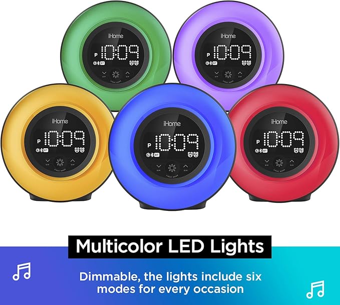 iHome PowerClock Glow FM Clock Radio with Bluetooth Speaker and USB Charger, Color Changing Digital Alarm Clock for Bedrooms or Home Office