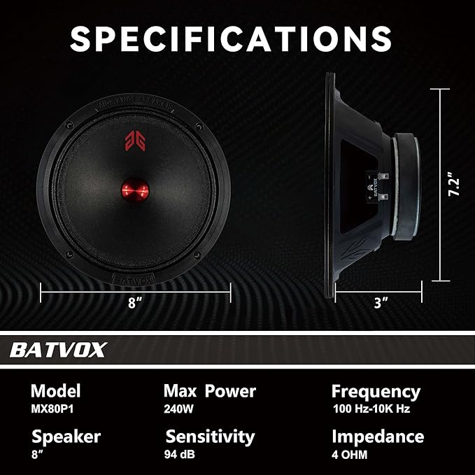 MX80P1 Midrange Loudspeaker 8" Red Dust Cap, 480W Max, 4 Ohms, Premium Quality Audio Door Speakers for Car or Truck Stereo Sound System, Black (2 Speaker)